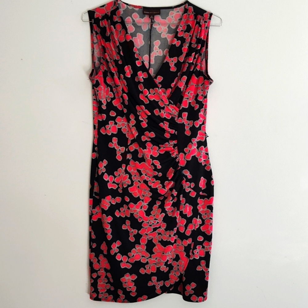 Dana Buchman Dress M Sleeveless Midi Faux Wrap Sheath Valentine's Romantic